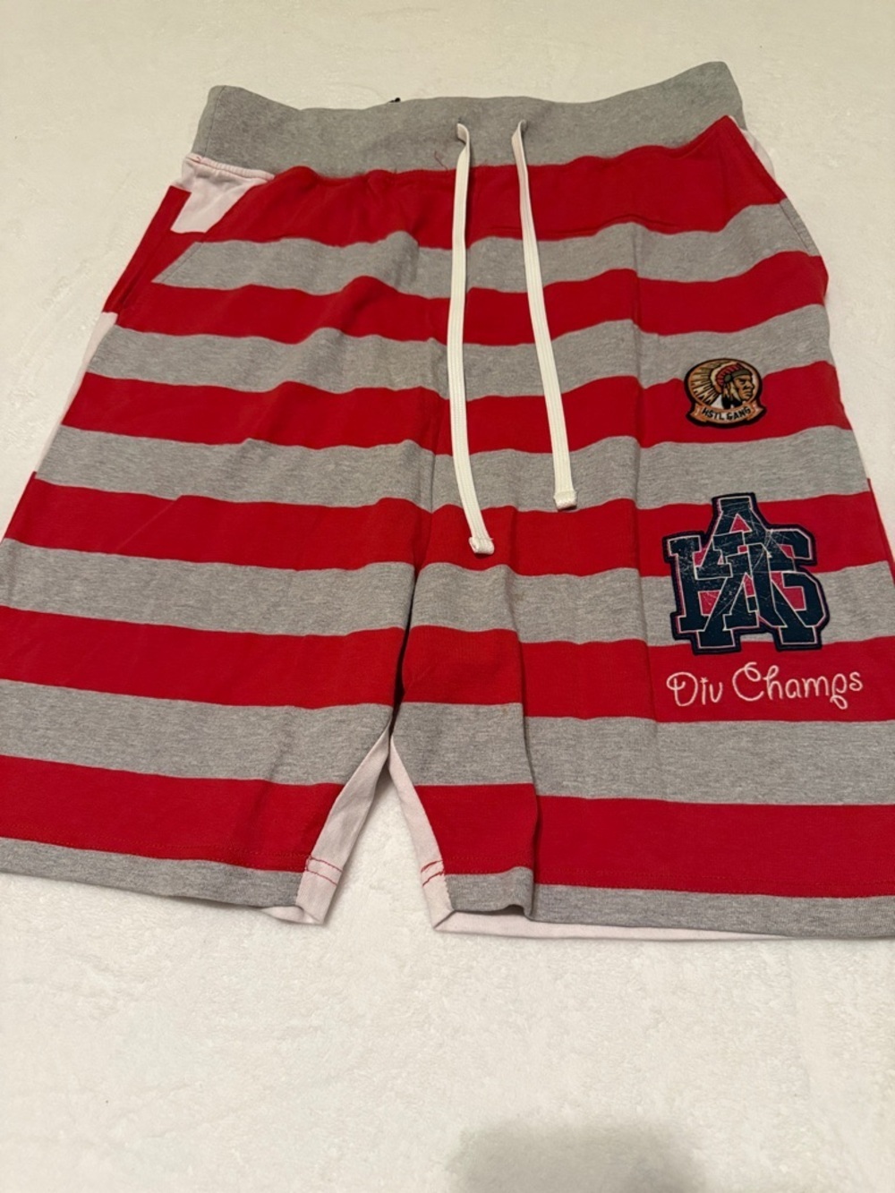 Hustle Gang Red & Gray Striped Athletic Shorts with Patches